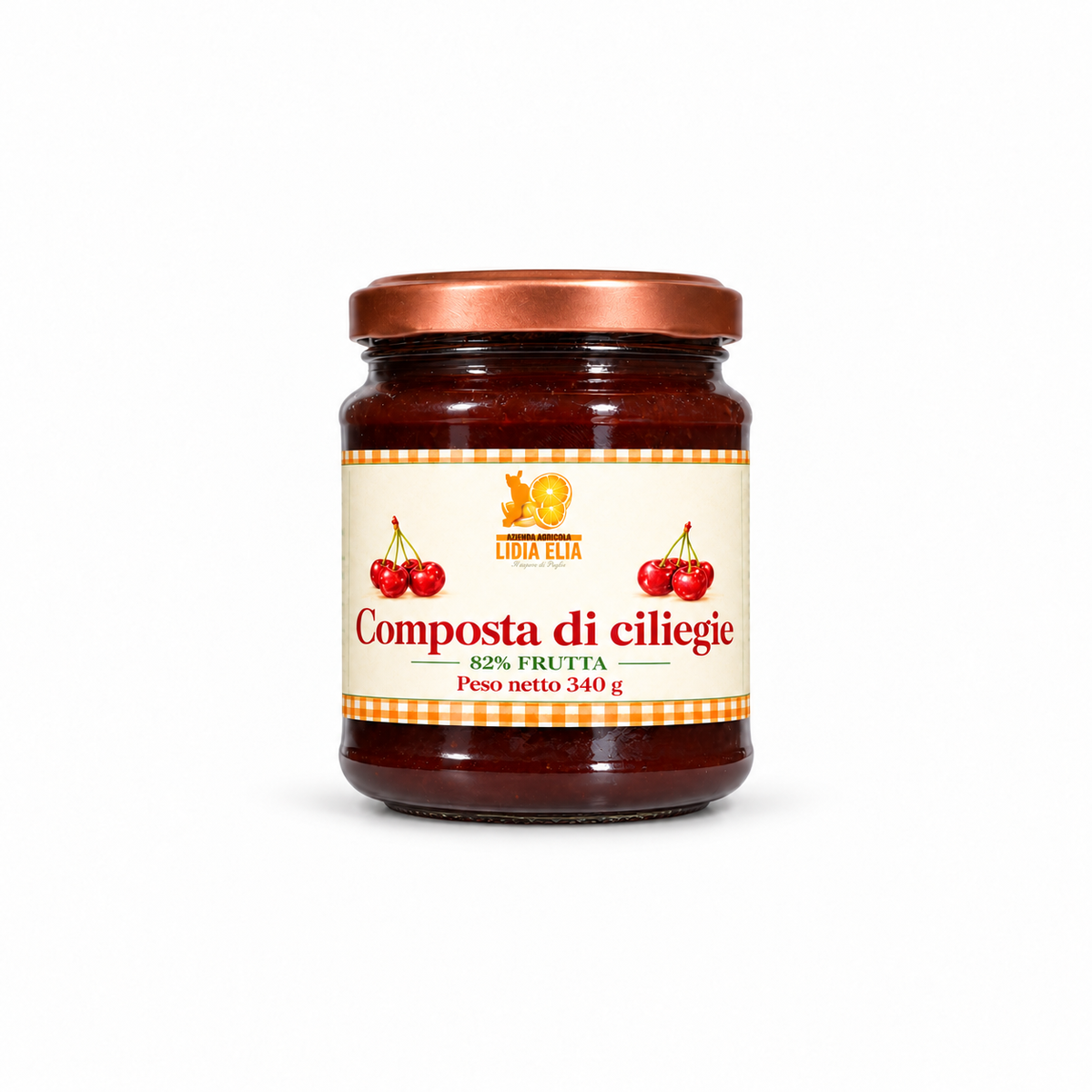 Composta di ciliegie Lidia Elia 340 g, vasetto su sfondo bianco