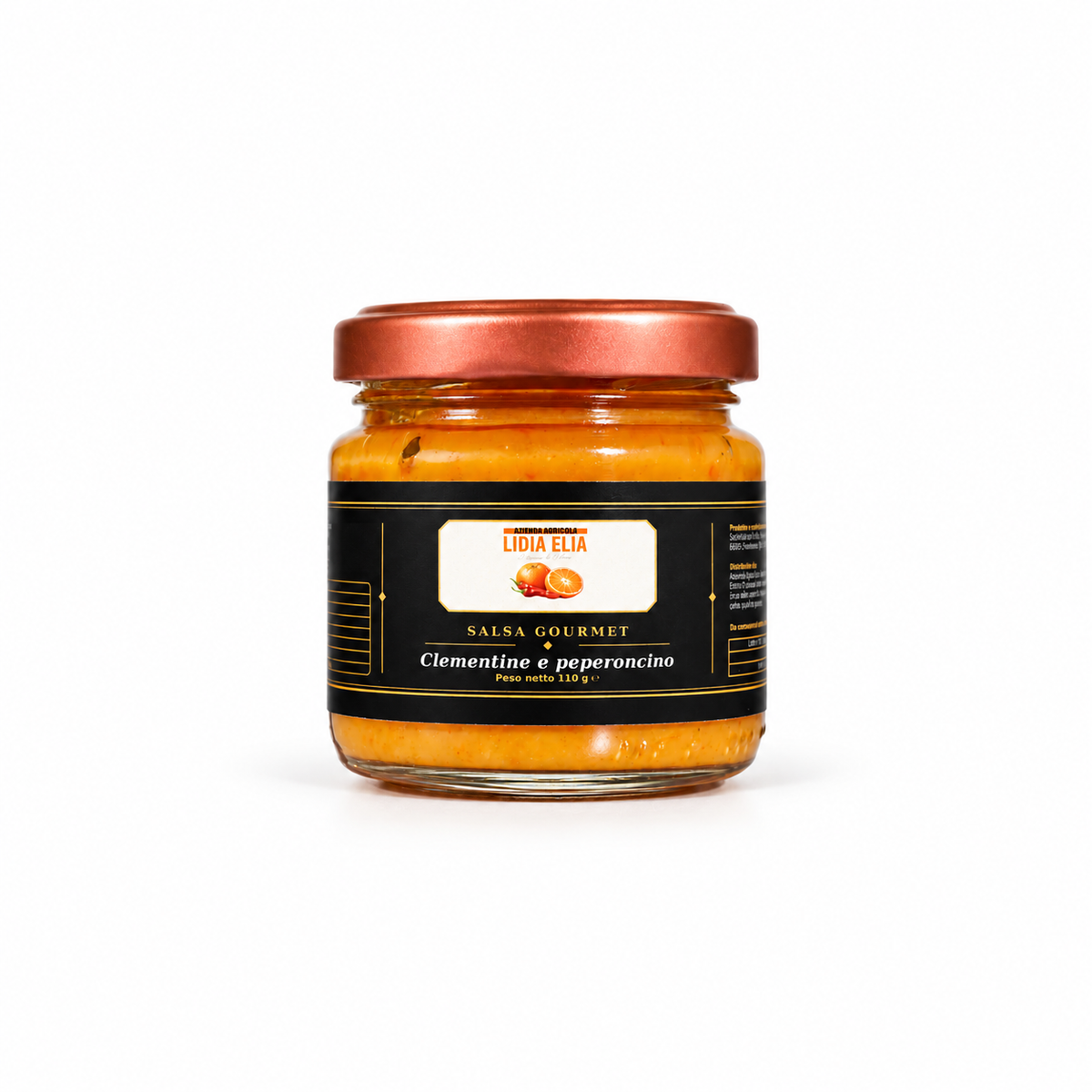 Salsa Gourmet Clementine e Peperoncino 110 g, vasetto su sfondo bianco